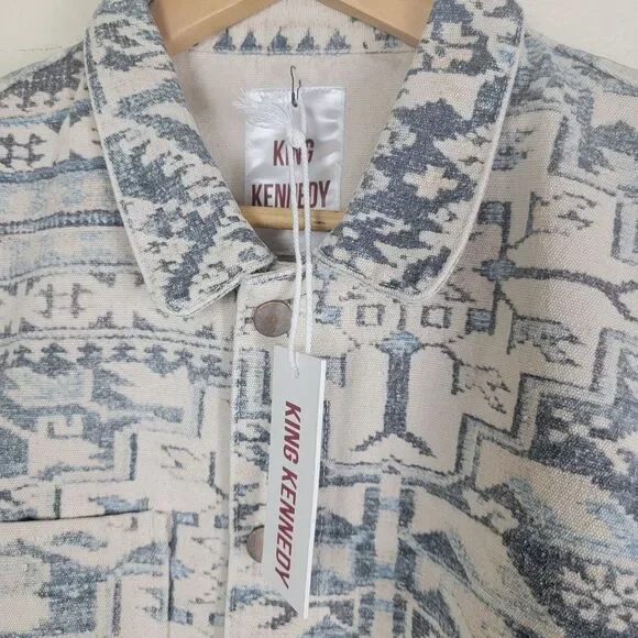 Todd Snyder King Kennedy Rugs Printed Ecru Canvas Chore Jacket XXL Blue NWT $600